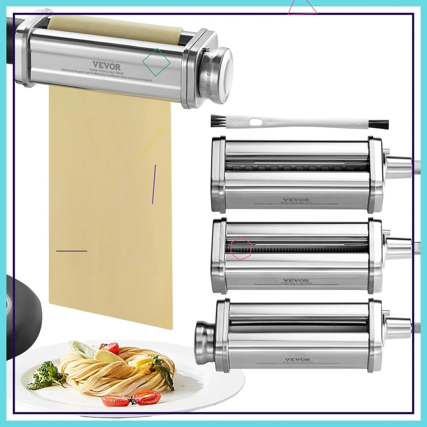 Pasta Attachment for KitchenAid Stand Mixer, Stainless Steel Pasta Maker with 3 Cutters, 8 Thickness Settings
