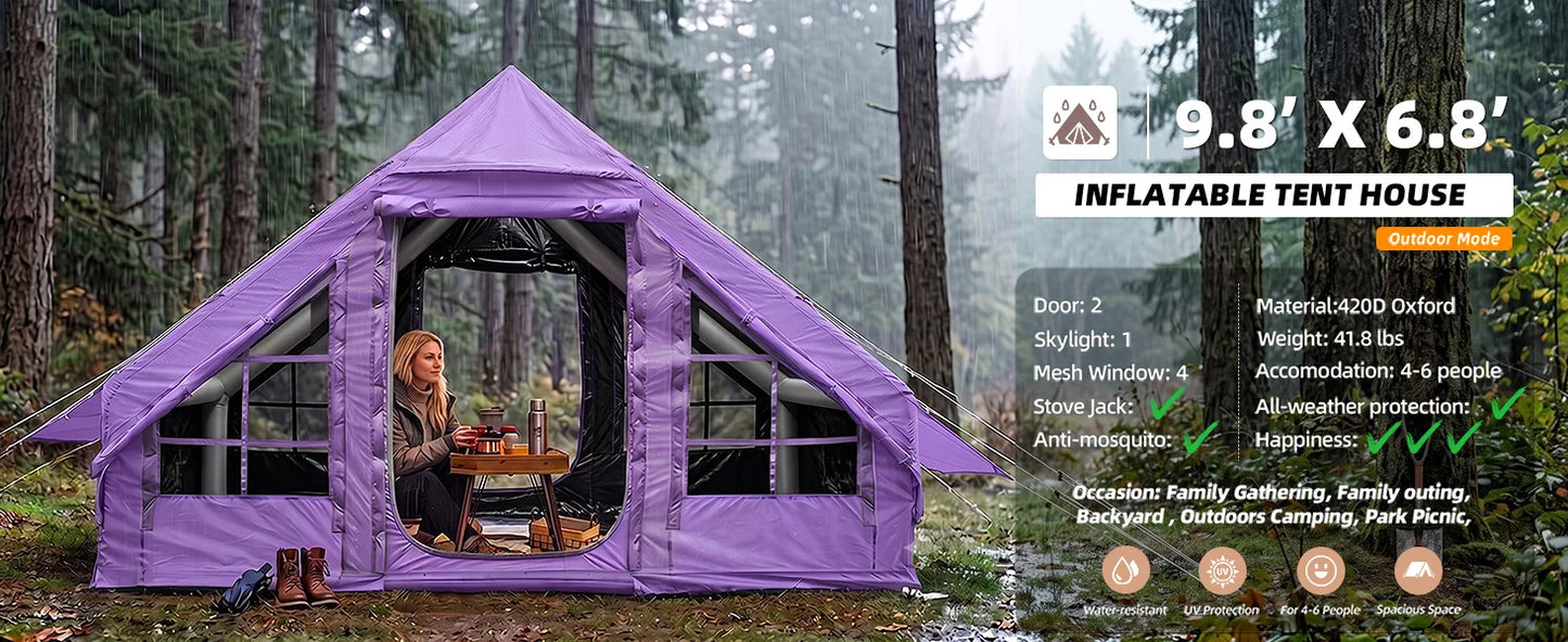 SENLEETO 67.8 SqFt Inflatable Camping Tent for 2-3 Person with Stove Jack,Black Coating Easy Setup Blow Up Tent with Skylight AC Vent Mesh Window