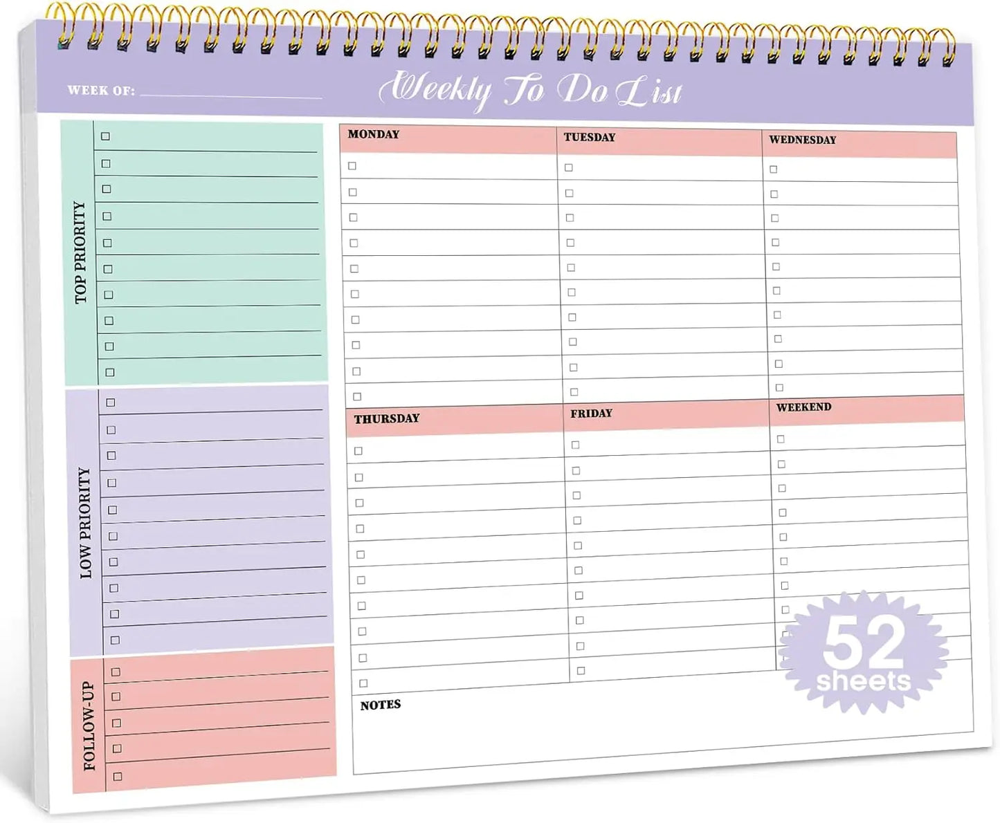 Weekly To Do List Notepad - 52 Undated Sheets, 8.5"x11", Desk Planner for Women & Men, Work and Home - 1 Pack Violet Dream