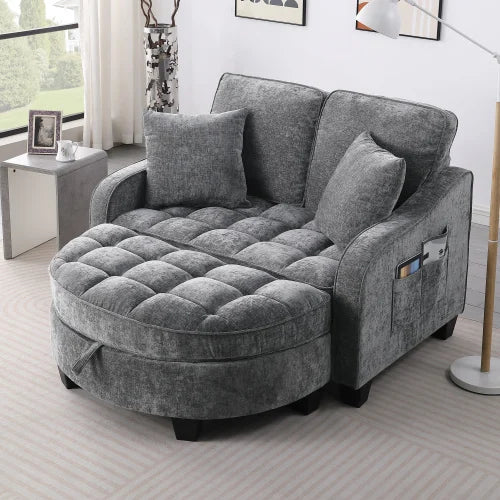 Sofa Chaise Longue (Double) - Irregular Arm/Backrests, Footrest with Storage & 2 Small Throw Pillows