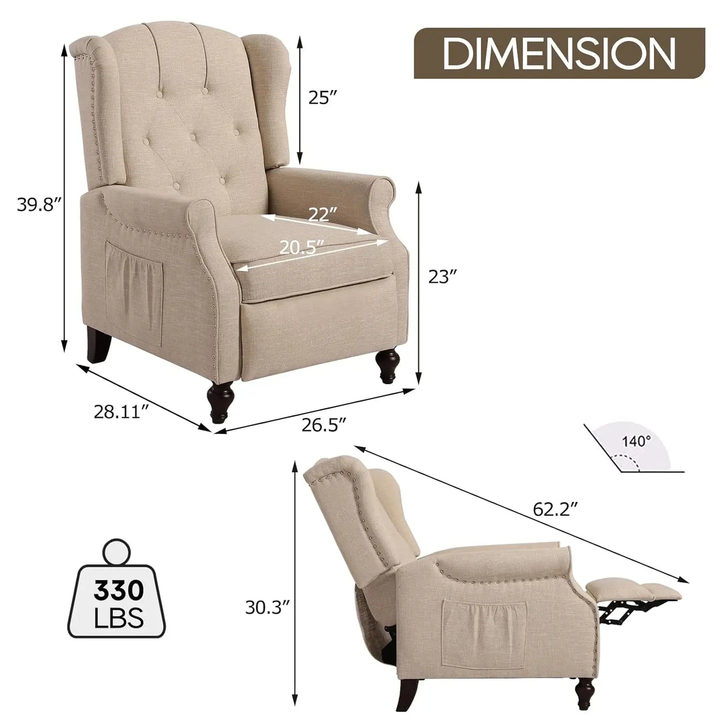 Massage Heat Wingback Recliner Push Back Armchair Living Room Bedroom Home Theater Beige,Customized