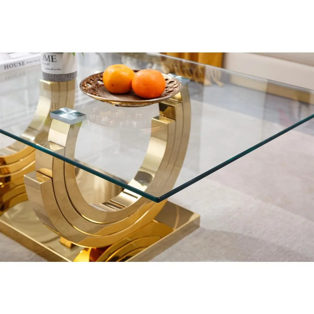 Luxury Gold Glass Coffee Table for Living Room Modern 47" Rectangular Center Table with Ring-Shape Mirrored Stainless Steel Base