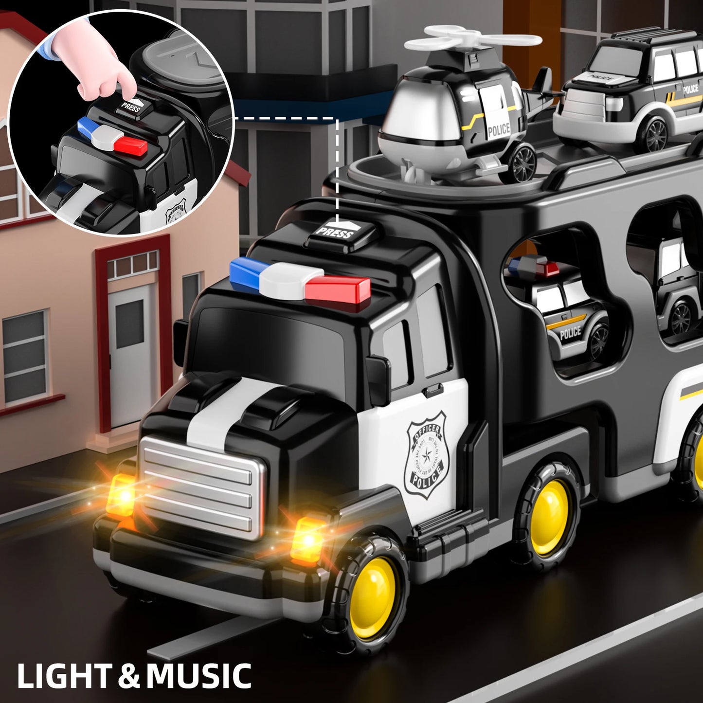 5 In 1 Police Truck Sets Kids Toys Cars Toddler Carrier Truck Pull Back Cars Transport Vehicles Toys Birthday Gifts Boys Girls