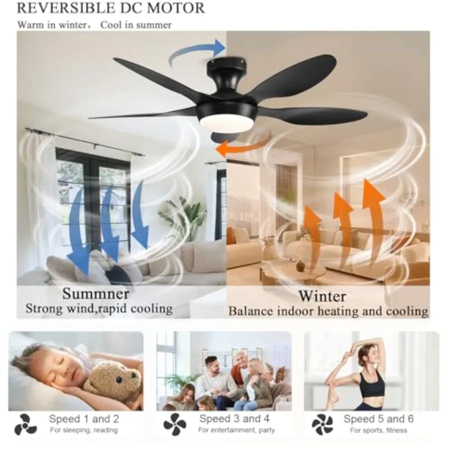 Ceiling Fan with Lights, 46 Inch Low Profile Ceiling Fan with Light and Remote Control, Flush Mount, 6 Speeds Reversible, Dimma
