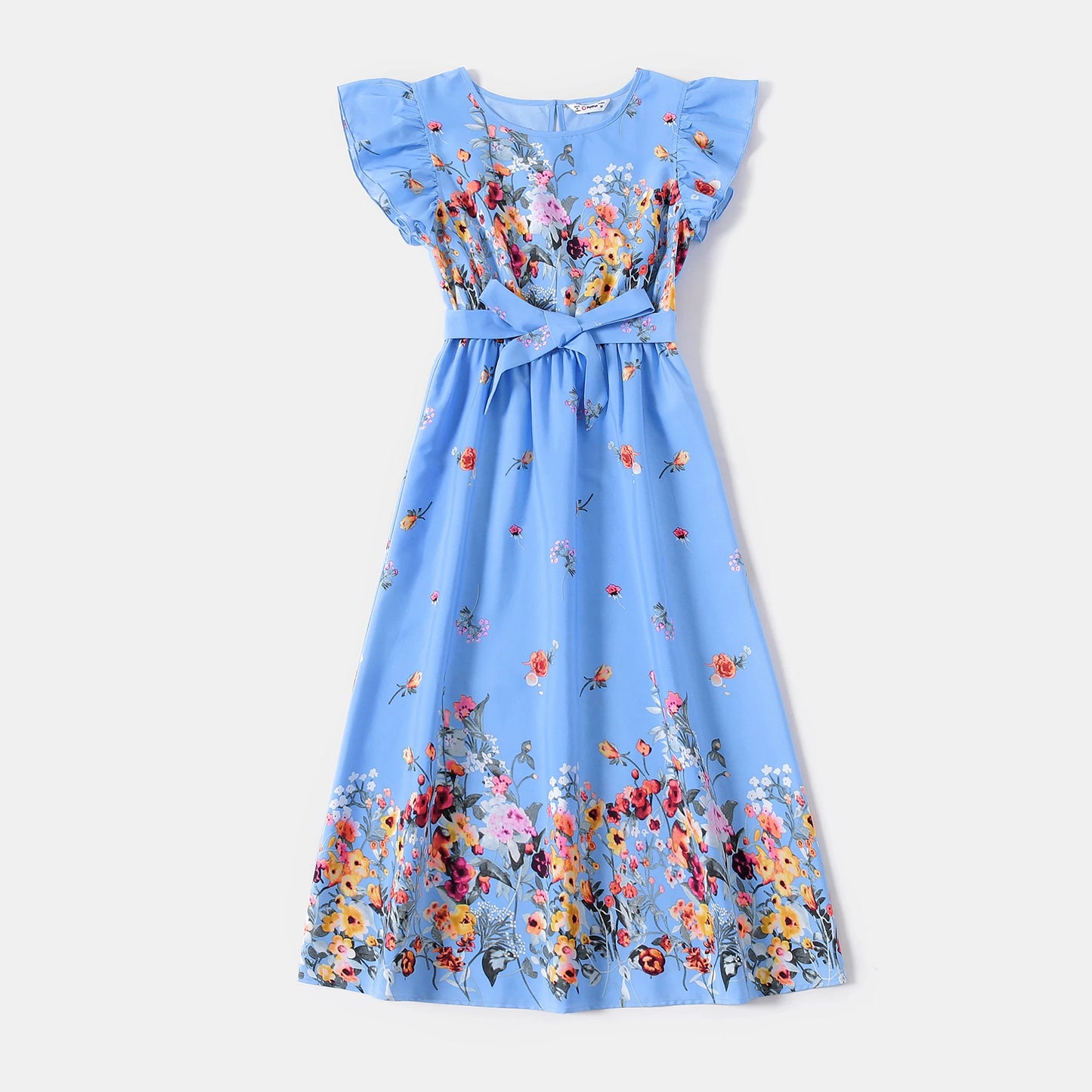 PatPat Family Matching Floral Print Ruffle-sleeve Belted Midi Dresses and Striped Short-sleeve T-shirts Sets