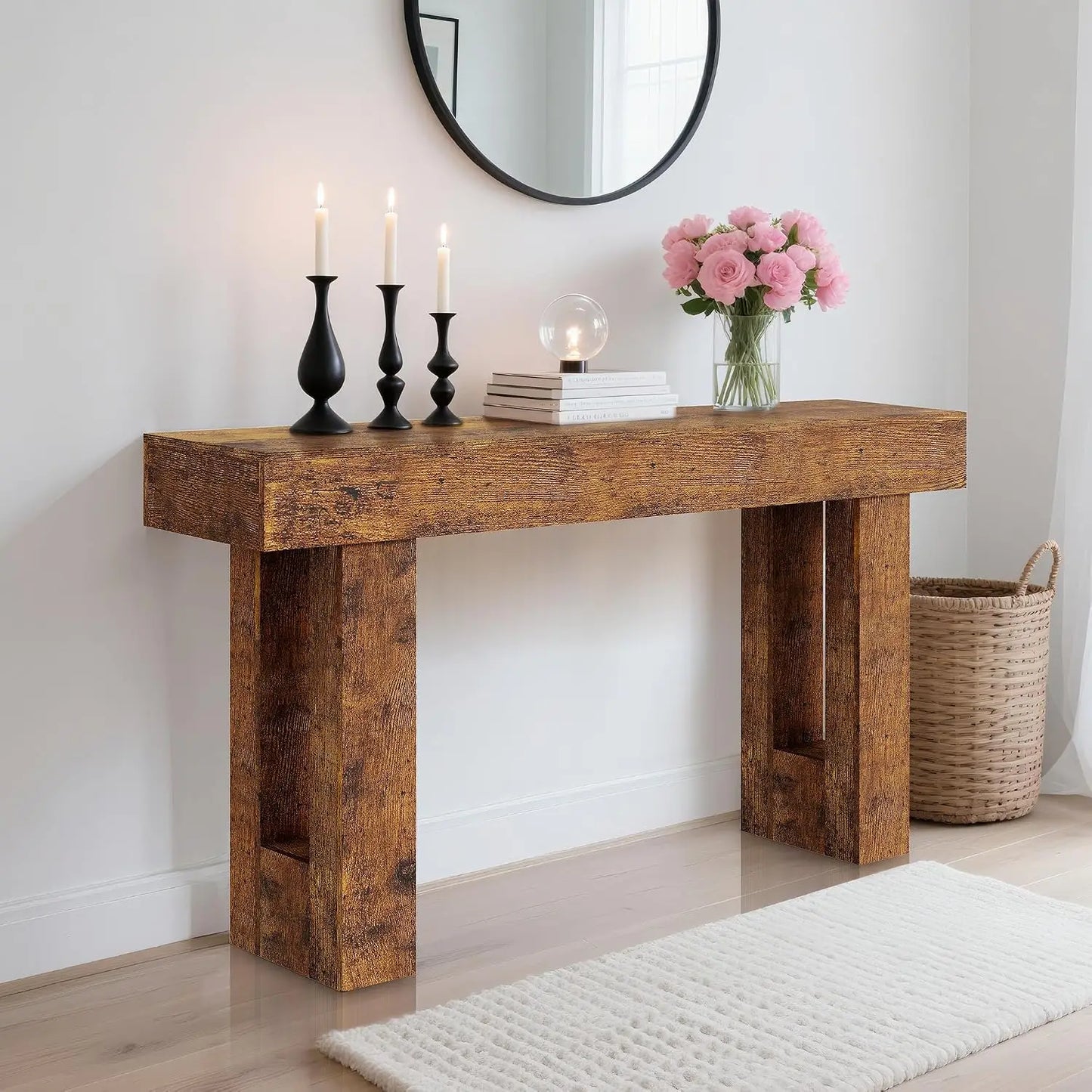 63 Inch Console Table, Farmhouse Entryway Table with Rustic Wood Finish, Long Sofa Table Behind Couch for Living Room, Hallway, Foyer and Home Decor