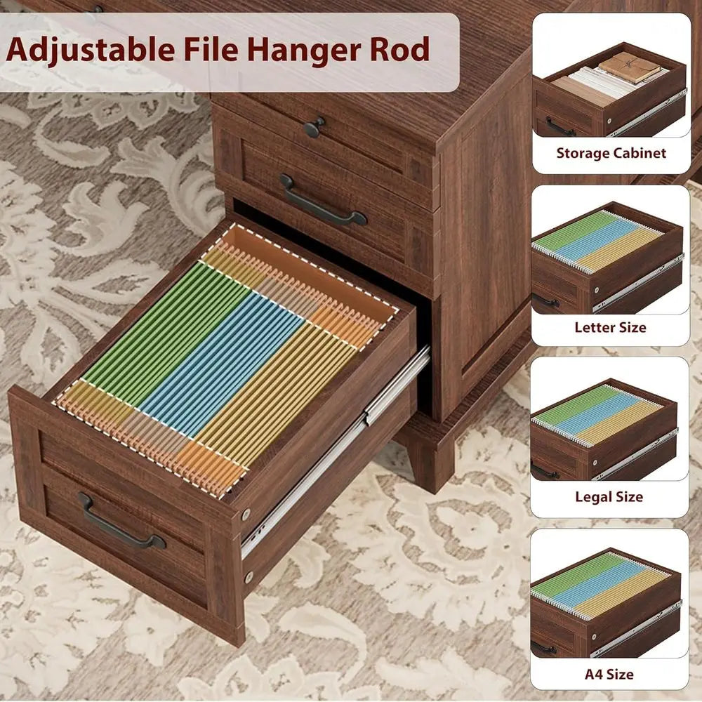 60-inch Wooden Home Office Desk with Charging Station and Storage in Walnut Brown