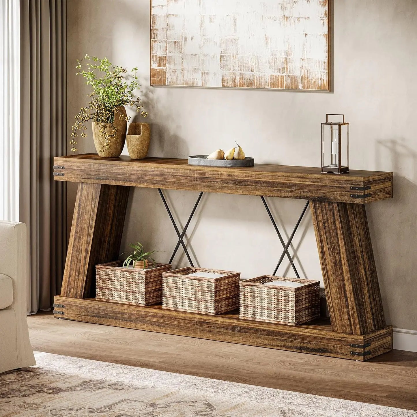70.9" Farmhouse Console Table, Long Sofa Table Behind Couch with Storage, Narrow Wooden Console Station, Industrial, Customized