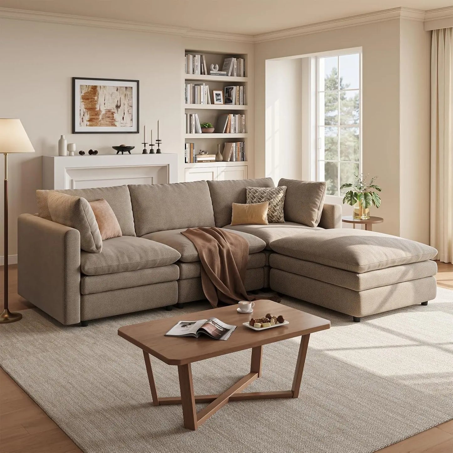 97" Modular L-Shaped Cloud Sofa, 29.1" Deep Seat & Movable Ottoman for Living Room, Custom