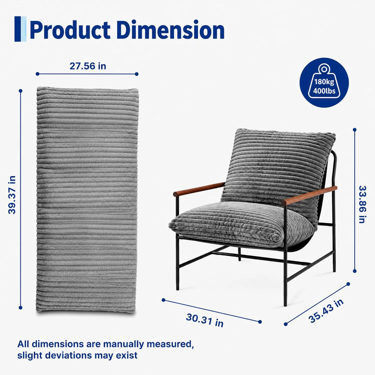 Oversized Accent Chair for Living Room, Deep Seat Corduroy Lounge Reading Chair With Wood Arms, Metal Frame For Bedroom Apartment