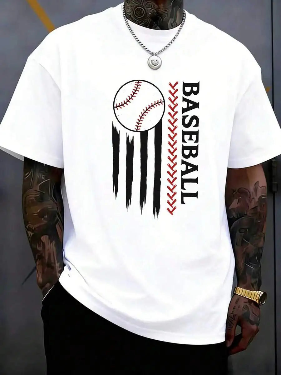 Mens Baseball Graphic Tee With Ball And Stripe Print Short Sleeve Casual Summer Shirt