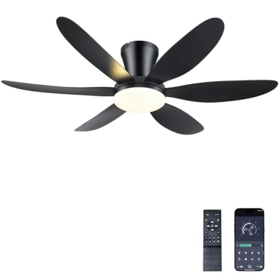 Ceiling Fan with Lights, 46 Inch Low Profile Ceiling Fan with Light and Remote Control, Flush Mount, 6 Speeds Reversible, Dimma