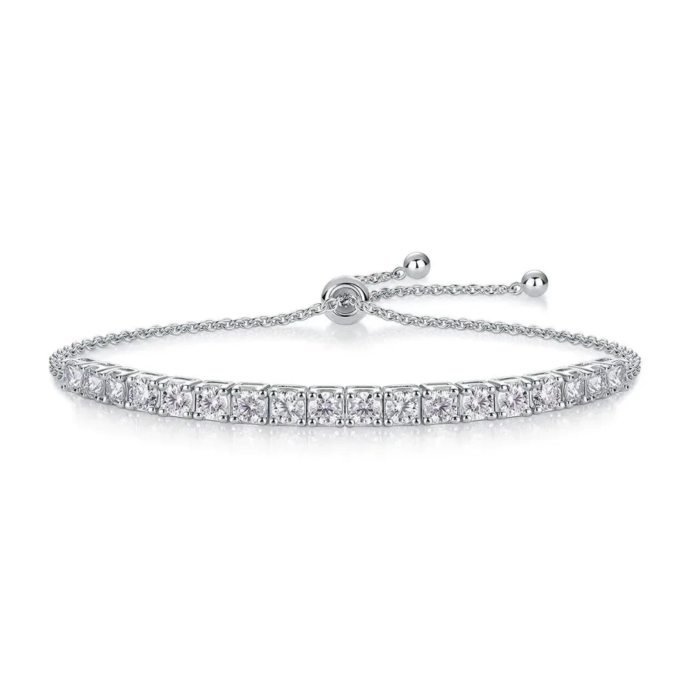 S925 Silver Moissanite Tennis Bracelet 3mm 4mm 5mm Round Cut Adjustable Bolo Chain For Women Anniversary Gift Fine Jewelry