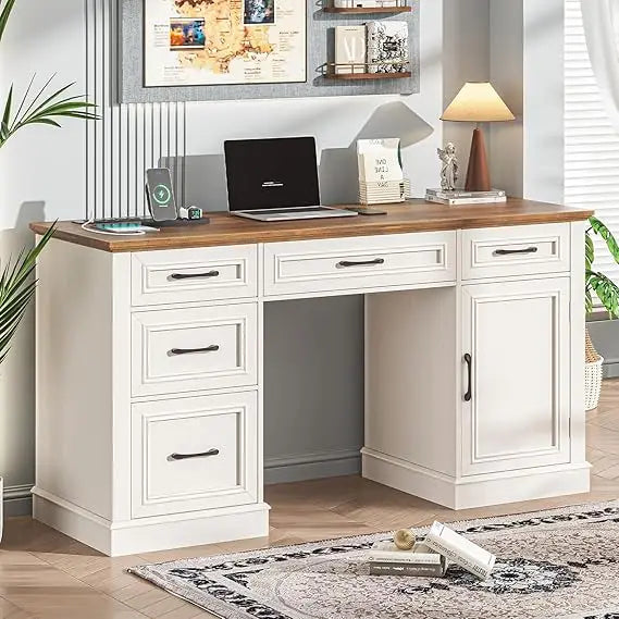 Farmhouse 59'' Executive Desk with Charging Station,Office Desks Computer Desk with 5 Drawers, Wood Workstation for Home Office