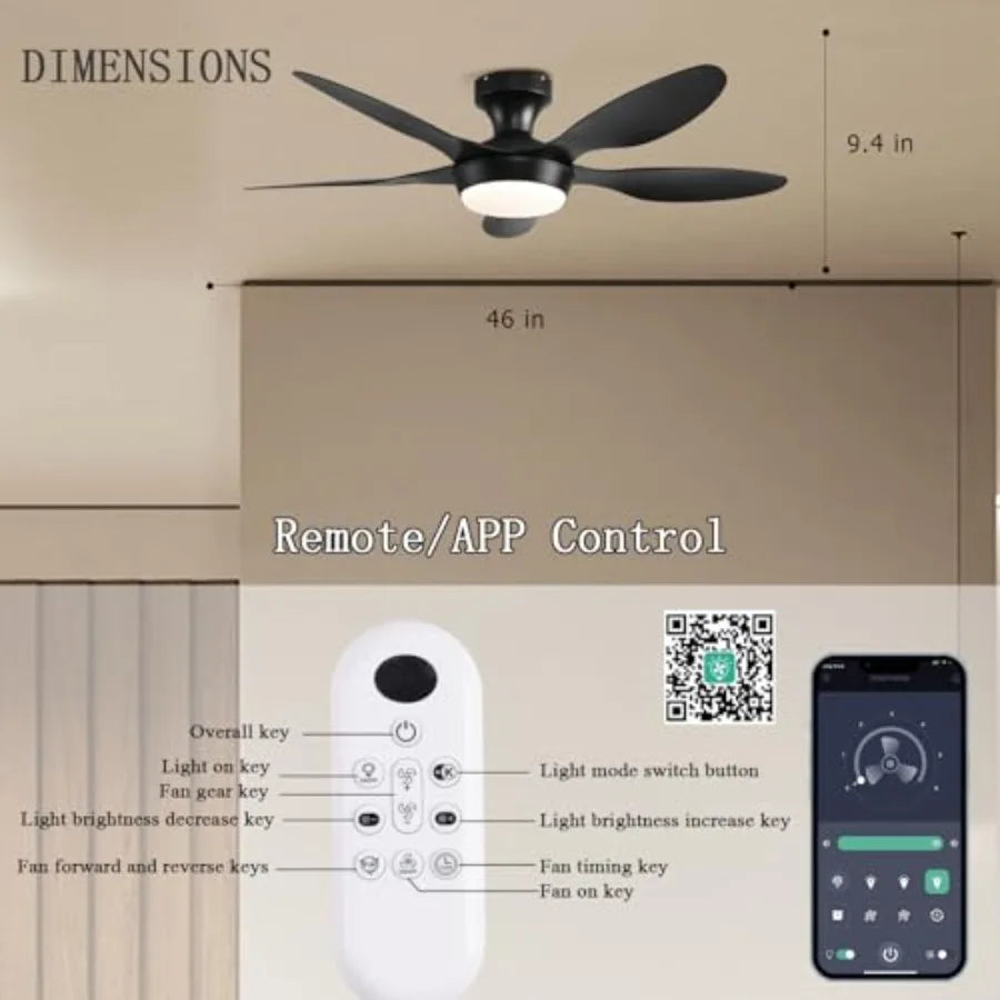 Ceiling Fan with Lights, 46 Inch Low Profile Ceiling Fan with Light and Remote Control, Flush Mount, 6 Speeds Reversible, Dimma