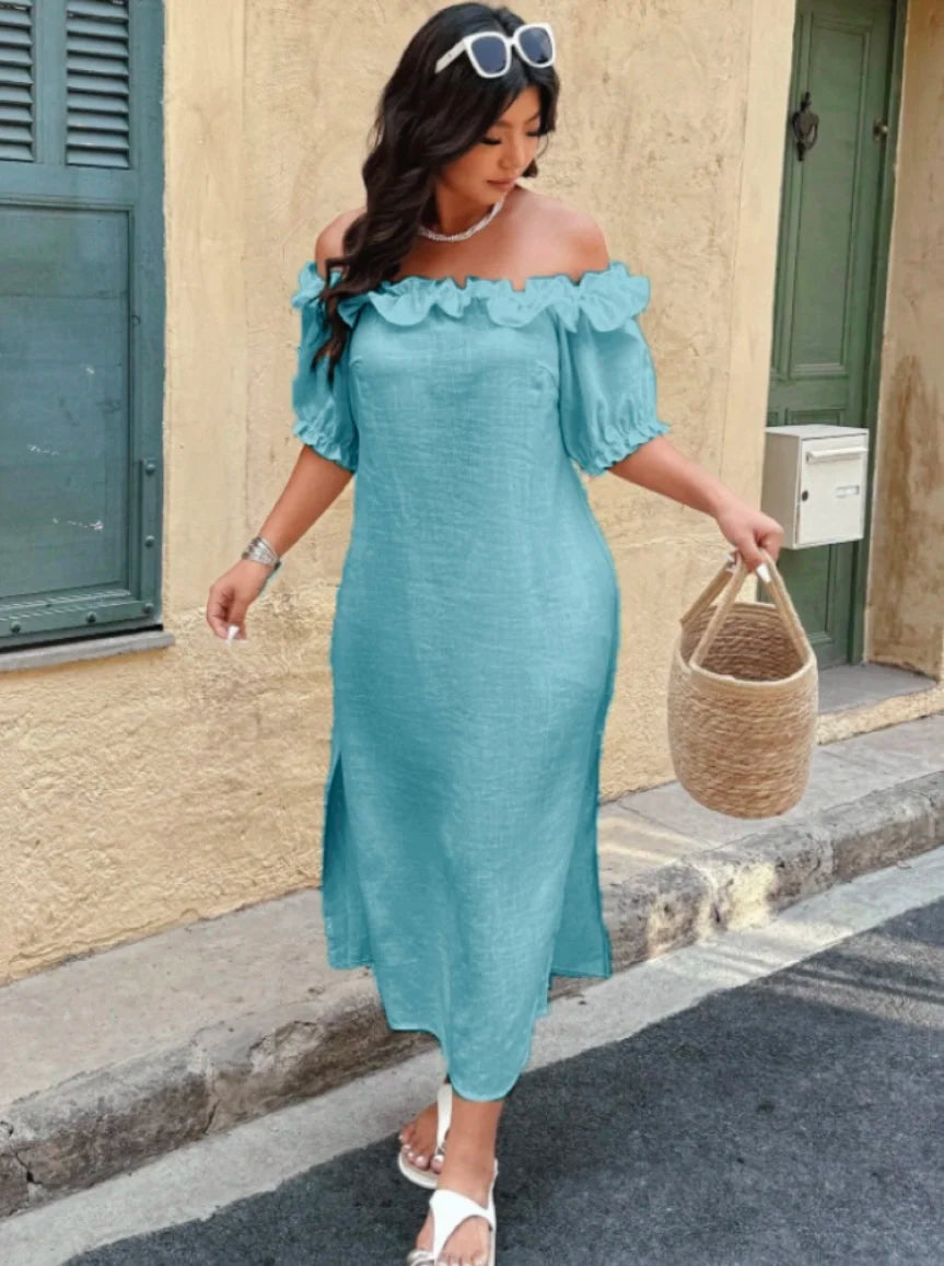 Plus Size Women's Slouchy Slimming Beach Vacation Dress, Off-Shoulder Puff Sleeve Loose Hem Slit Dress