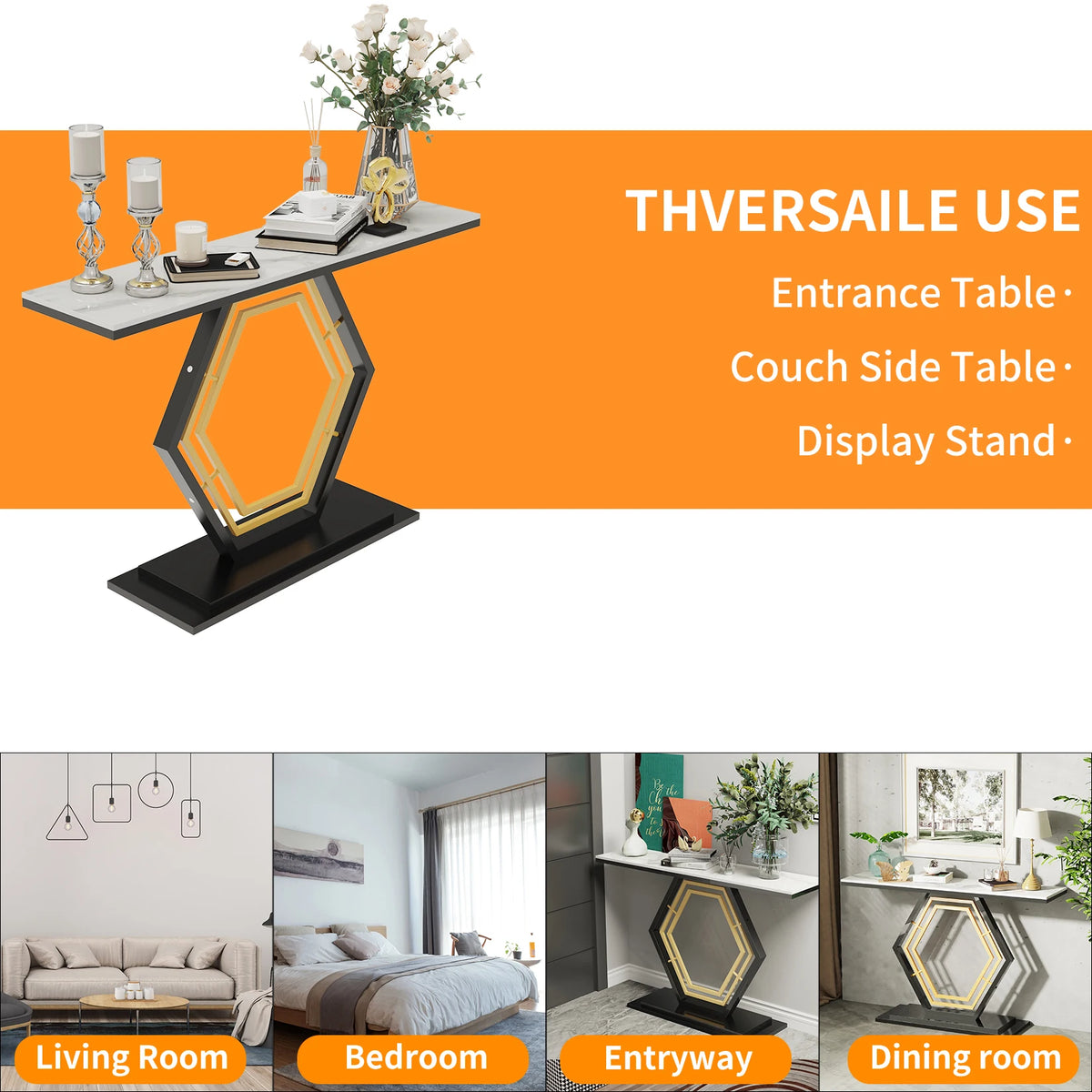 Narrow Modern Metal Console Table With Sintered Stone Top for Entryway