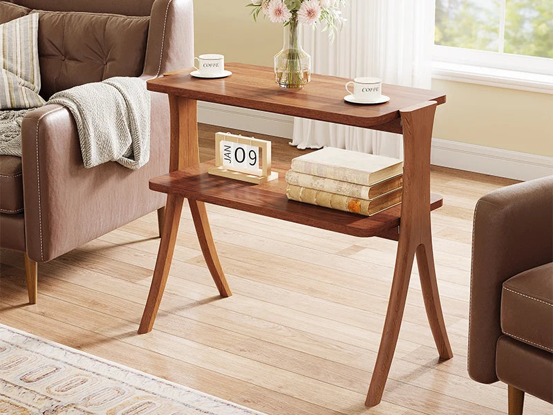 Side Table for Living Room, Farmhouse End Table with 2-Tier Storage Shelf and Solid Wood Legs, Nightstand for Bedroom