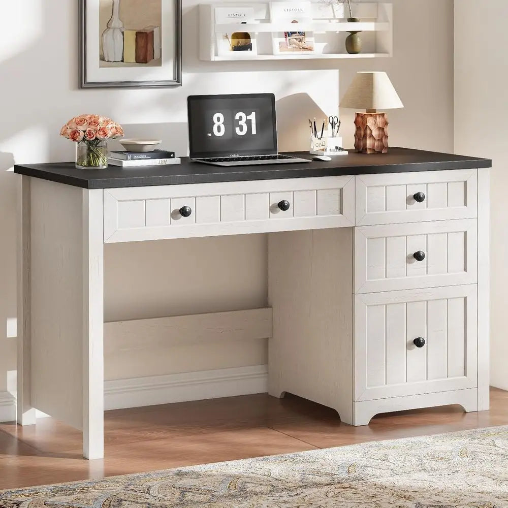 Modern Executive Desk with 4 Drawers, Home Office Desk with 1 Drawer, Wooden Computer Desk with Storage, Rustic Office Desk for