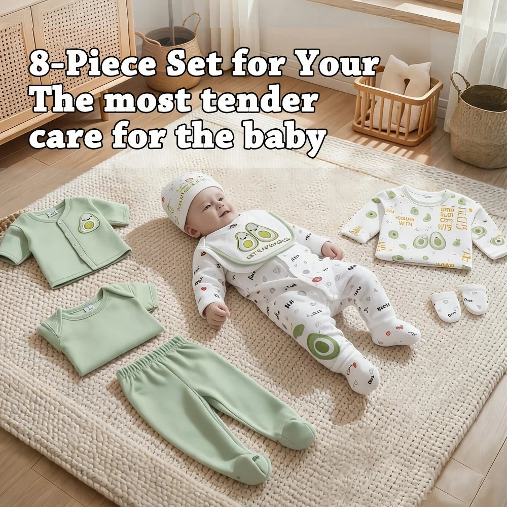 8pcs Newborn Baby Set, 100% Cotton Infant Essentials for Hospital Delivery, Unisex Bodysuit & Romper Outfit with Tops, T-shirts And Hat,, Perfect for Outdoor