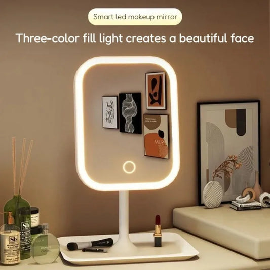 3 Colors Dimmable LED Lighted Makeup Vanity Mirror Portable Desktop Cosmetic Mirror for Student Dorm Household Travel Beauty Gift