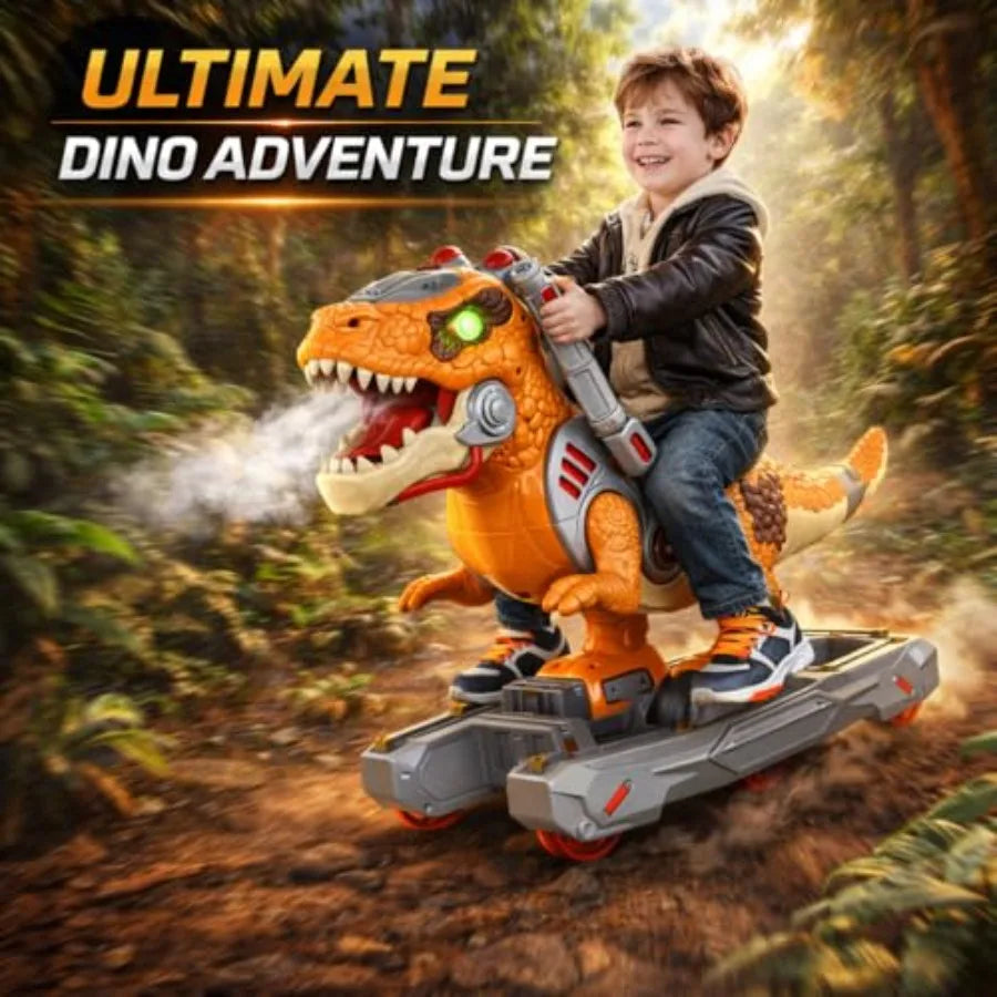 Dinosaur Ride On Push Car for Toddlers: Plastic, Red, Battery Operated with Music, Light Smoke Effects