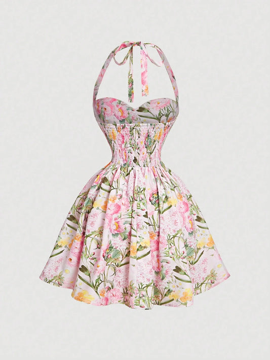 Romantic Floral Print Halter Dress For Women Summer Mini Dress A-Line Fit And Flare