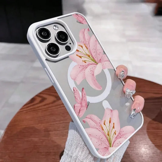 Pink Lily Magnetic Phone Case For iPhone 17 16 15 14 13 12 11Pro Max Plus It features a stylish pattern design