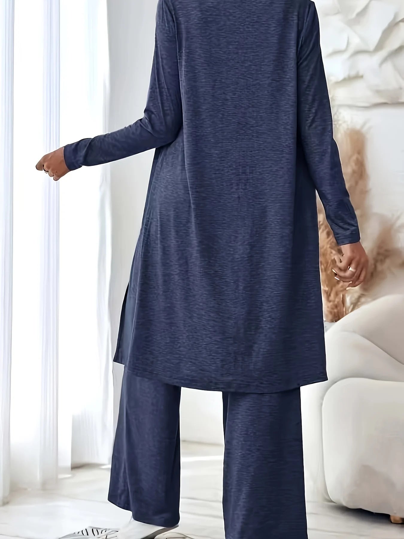 Plus size women's lazy loungewear knit 3-piece set; mixed color textured tank top, long cardigan, high-waisted pocket wide-leg pants loose set