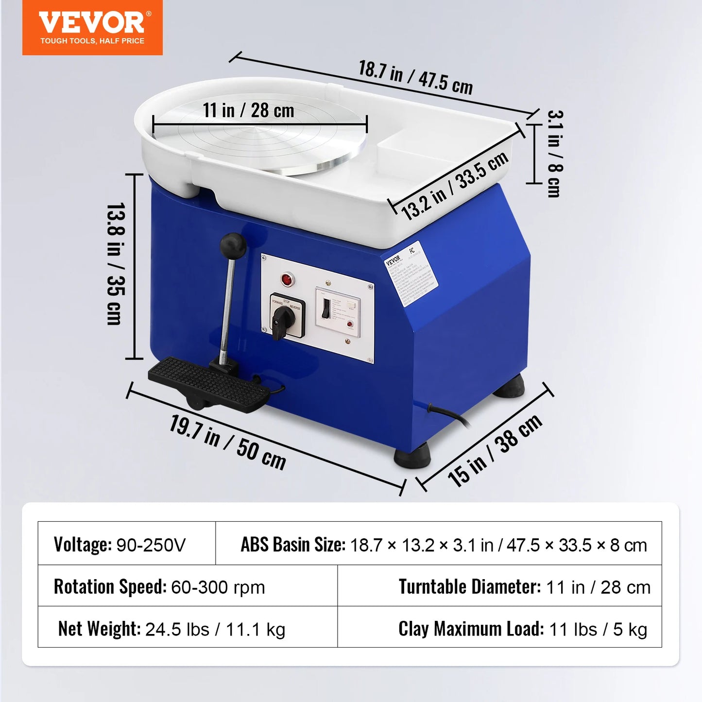 SucceBuy 11in Pottery Wheel Ceramic Forming Machine Adjustable 60-300RPM Speed Handle Foot Pedal Control ABS Detachable Basin