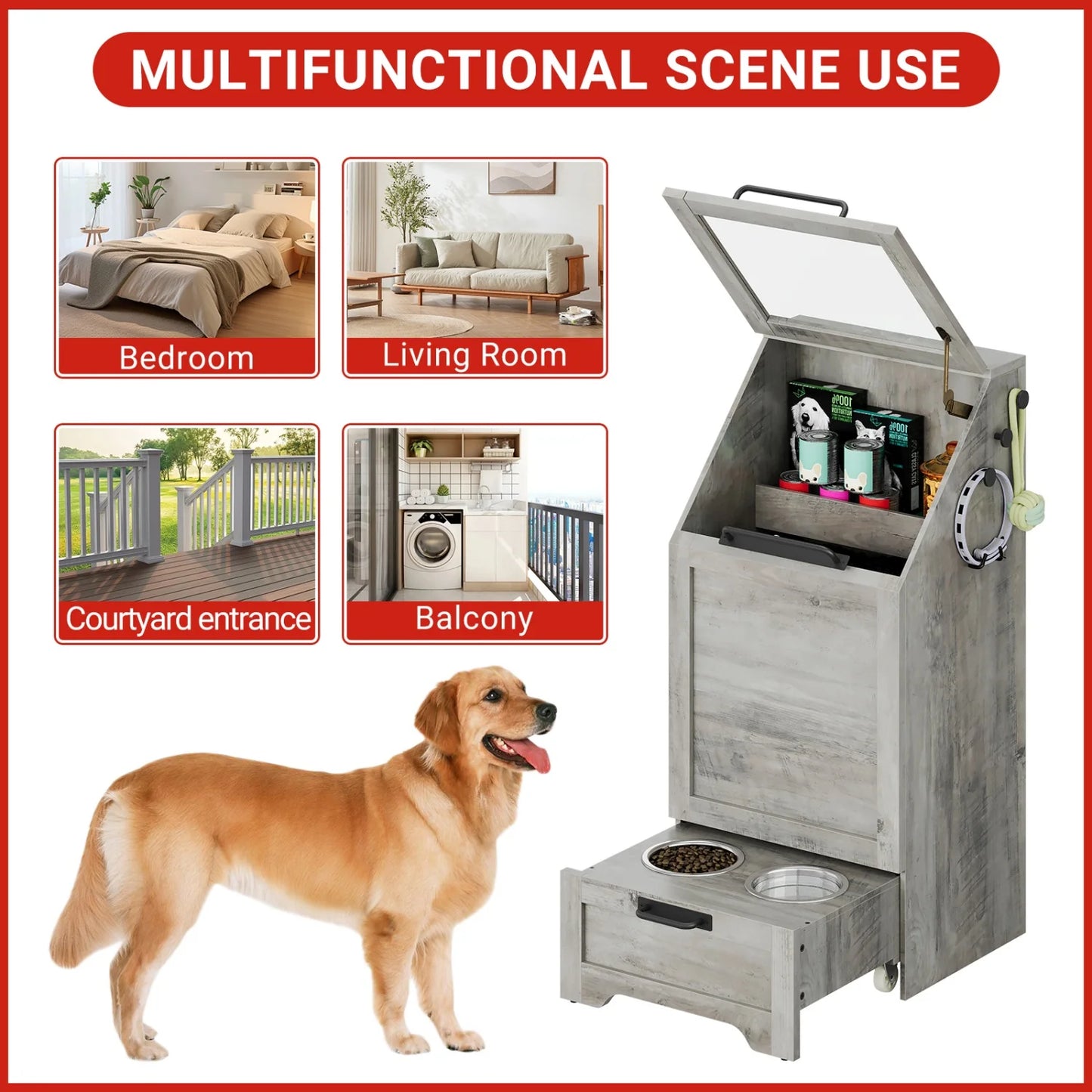 Pet Food Cabinet Flip Top Dog Food Storage Cabinet,Dog Feeding Station with 2 Elevated Bowls, Pet Toy Storage Organizer