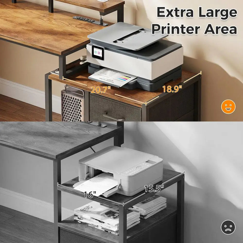 68 Computer Desk with Printer Shelf amp 5 Fabric Drawers, Rustic Brown Office Desk with Power Outlet amp CPU Storage for Home O
