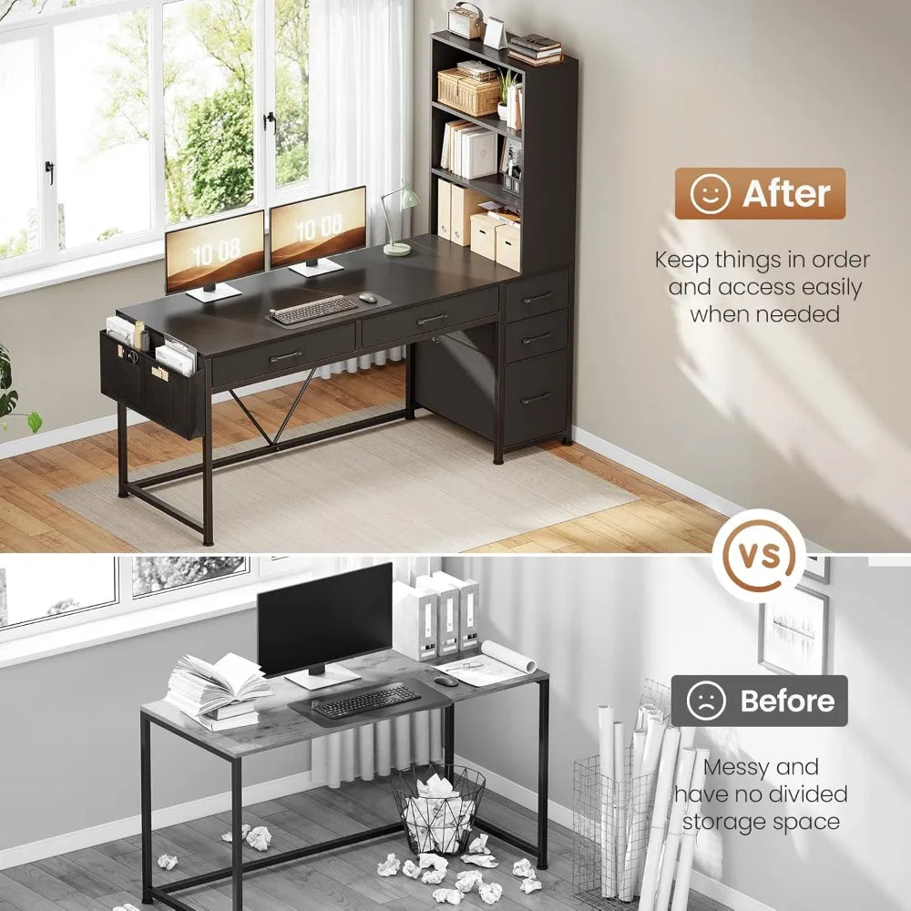 Computer Gaming Desk with 5 Drawers and Bookshelf, Reversible Home Office Desk with Storage Shelves and File Drawer, Corner Des