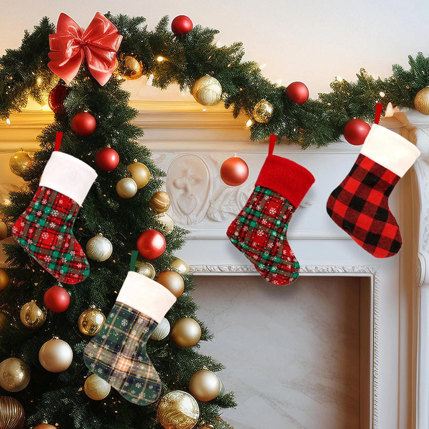 Navidad 2025 Novedades Red And Green Plaid Snowflake Socks Christmas Decorations Home Decor Adornos NavideñOs