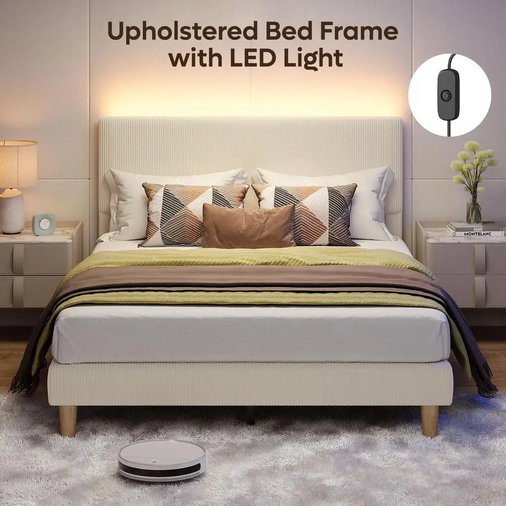 Queen Upholstered Bed Frame With LED Headboard Beige Easy Assembly No Squeak