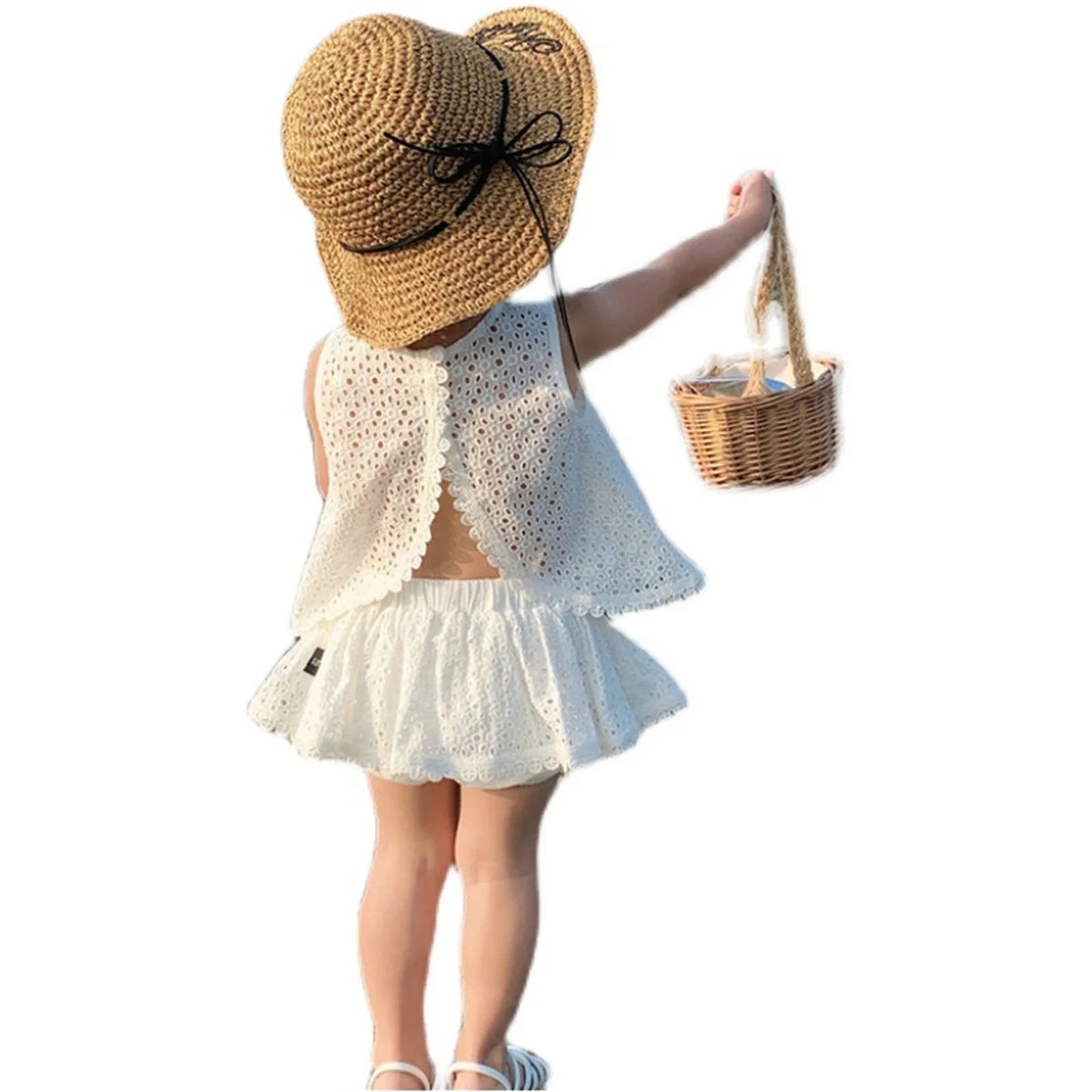 Girls 2025 Summer Clothing Sets Hollow Lace Suit Baby Casual Sleeveless T-shirt+Shorts Kids Clothing Sets Baby Clothes Outfits