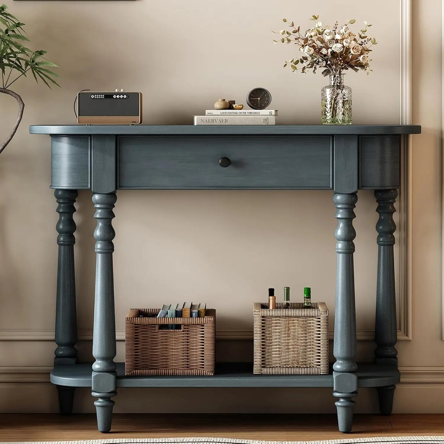 Small Curved Console Table 36-Inch Retro Farmhouse Entryway Sofa Table with Drawer & Storage Shelf for Entry, Customized