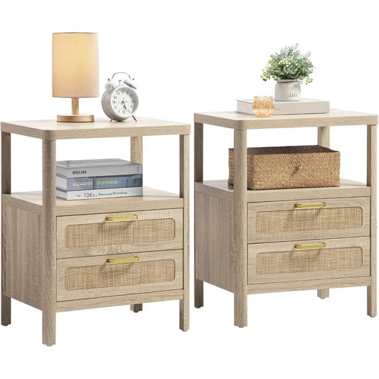 Set of 2 Natural Rattan Nightstands—2 Rattan Drawers + Open Shelf, Farmhouse Wood Bedside End Tables for Bedroom & Living Room