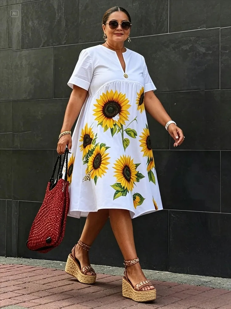 Spring Summer Women White Cotton A - Line Loose Flower Print Pleated V - Neck Midi Dresses Casual Large Size Vacation Outfits