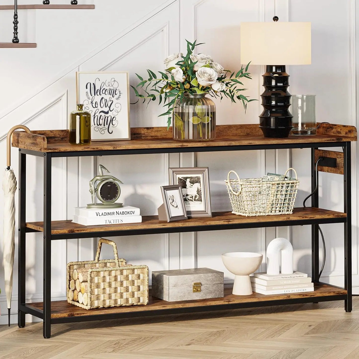IRONCK Console Table, Sofa Table with Power Outlet, Farmhouse Hallway Table for Entryway, Living Room, Height Adjustable, 55"