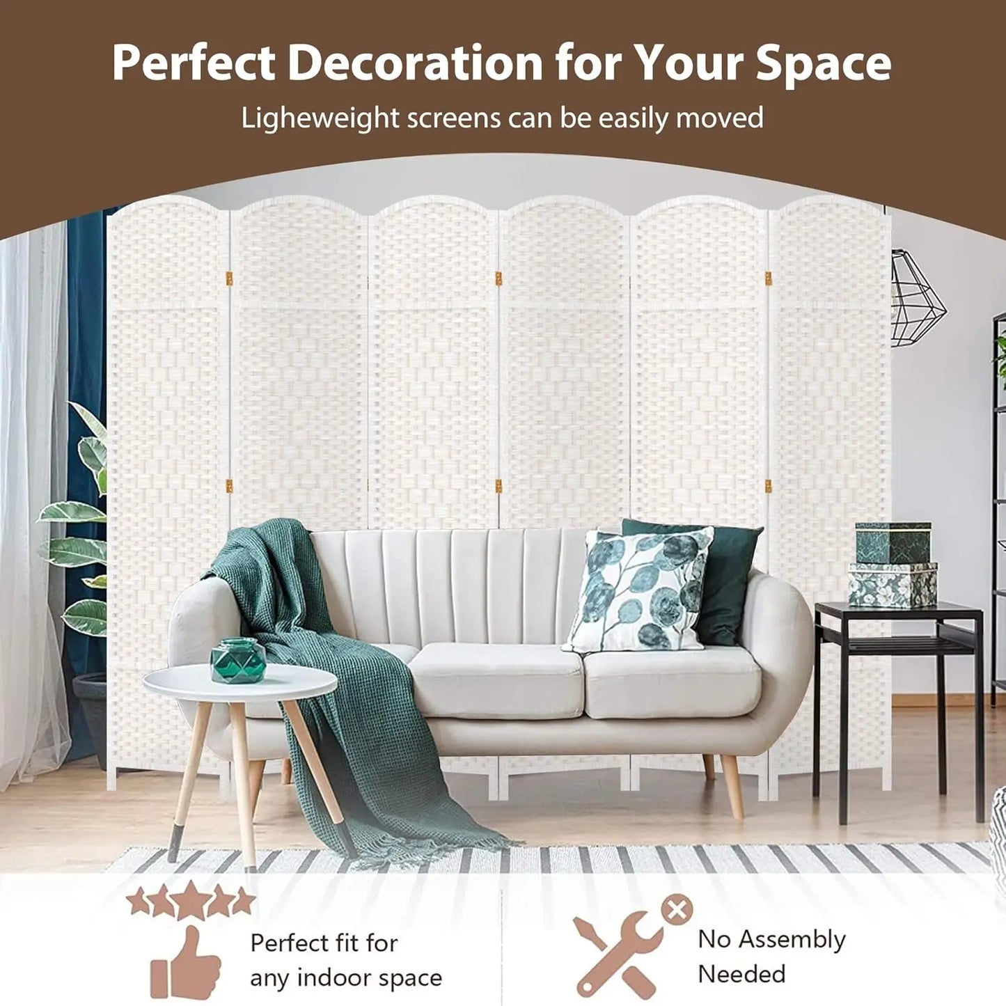 6 Panels Room Divider 6 FT Tall Weave Fiber Privacy Screen Freestanding Double Hinged Folding Screen Extra Wide, Customized