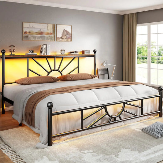 Metal King Bed Frame and Headboard, Footboard,King Size Bed Frame with LED Light, Mattress Foundation with Under Bed Storage