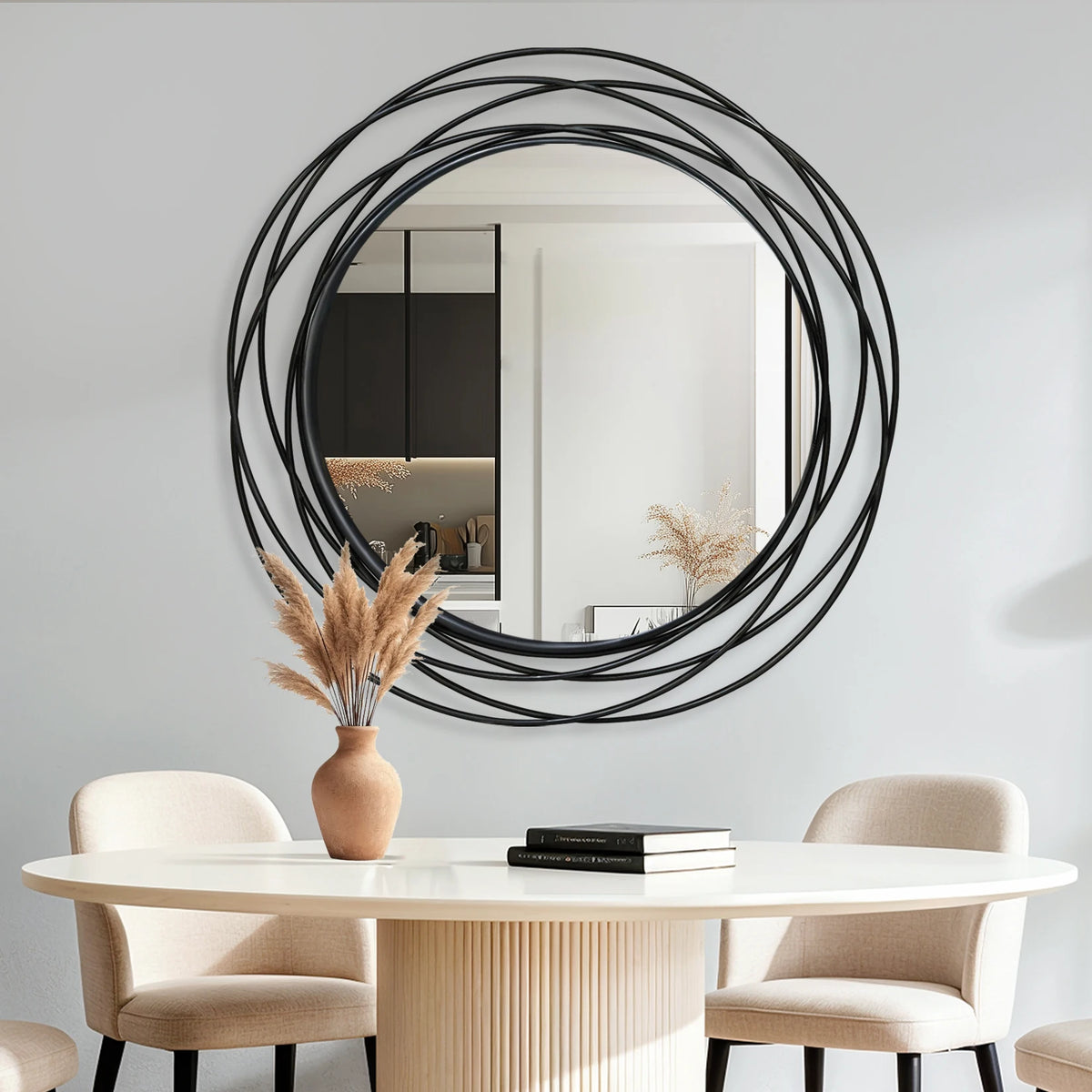 32 Inch Round Black Iron Wire Frame Decorative Wall Mirror for Living Room