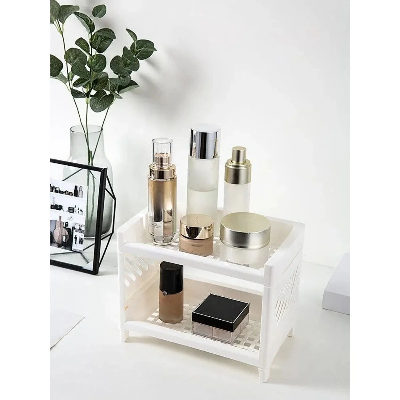 Modern Double-Deck Desk Storage Rack – Open Frame Office Organizer for Stationery, Notebooks & Daily Sundries