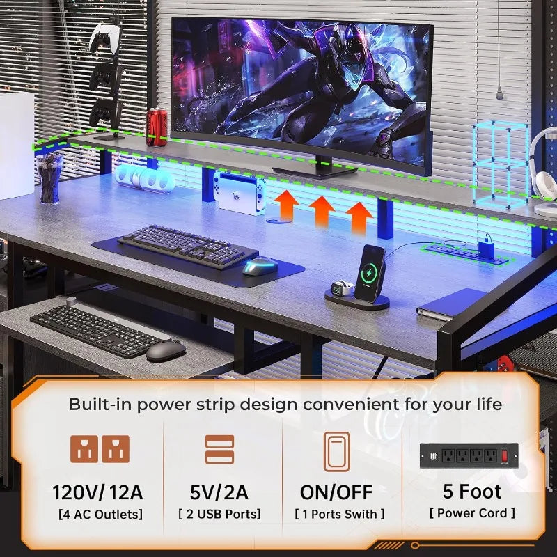 SEDETA 63" Computer Desk, Office Desk with Lockable Drawers for Legal/Letter File,Gaming Desk with LED Lights&Power Outlet, Grey