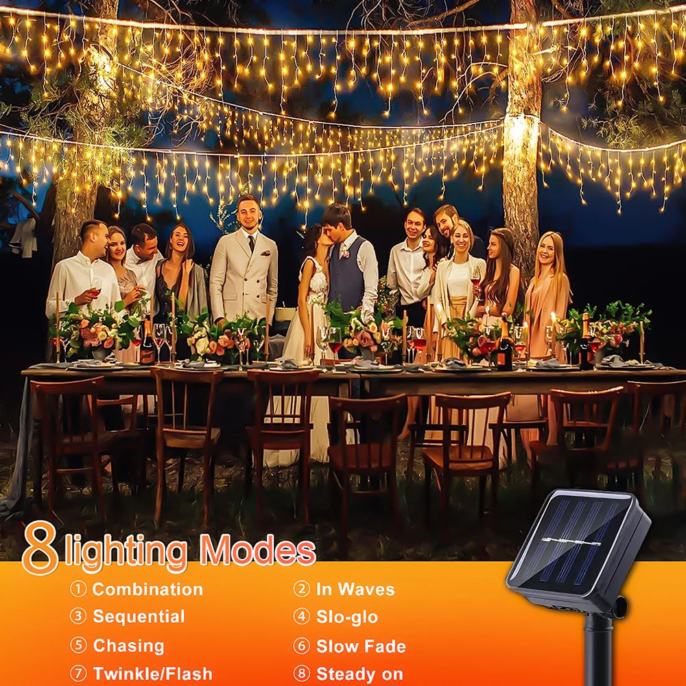 Solar Icicle Curtain Lights Outdoor Waterproof Eaves Light String  8 LIghting Modes 2025 Garden New Year Ramadan Decoration