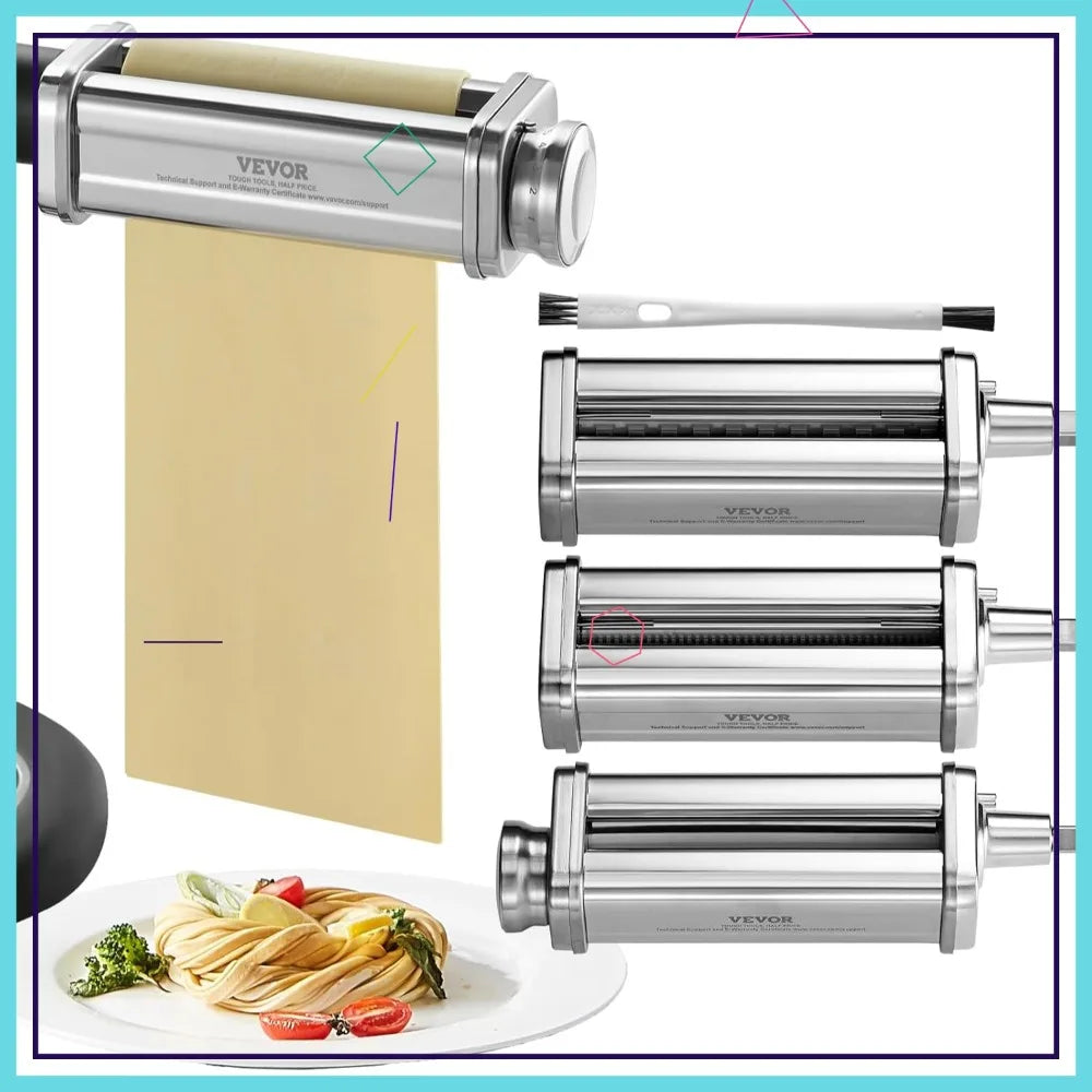 Pasta Attachment for KitchenAid Stand Mixer, Stainless Steel Pasta Maker with 3 Cutters, 8 Thickness Settings