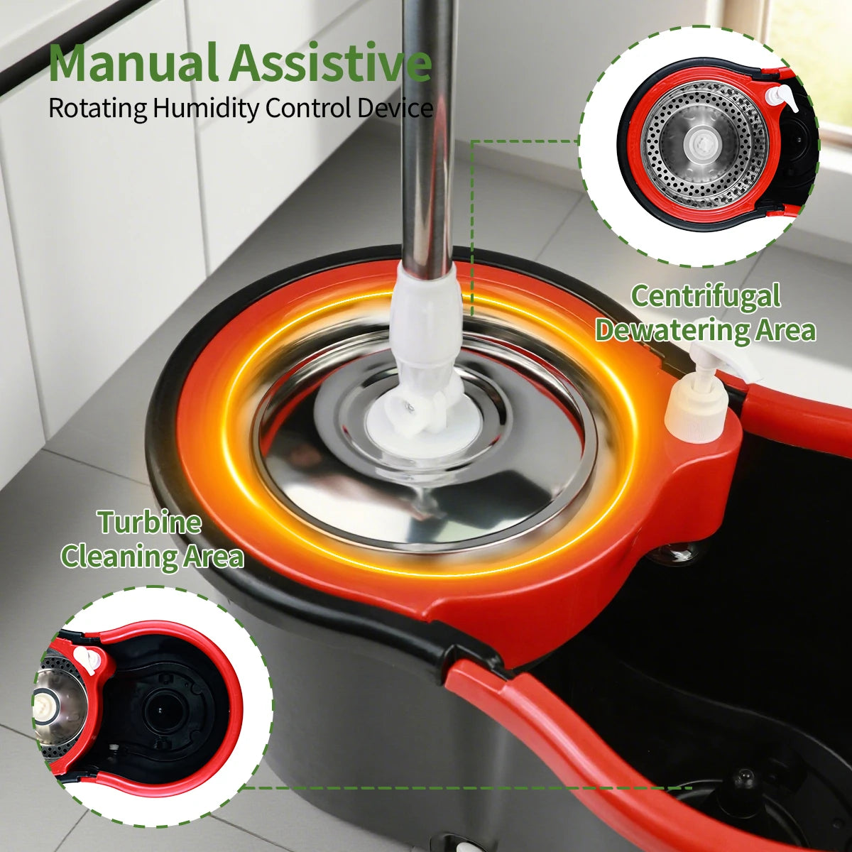 Mop Bucket Set 360° Dual-Motion Spin Mop System 3 Split-Yarn Mop Heads Self Cleaning Bucket