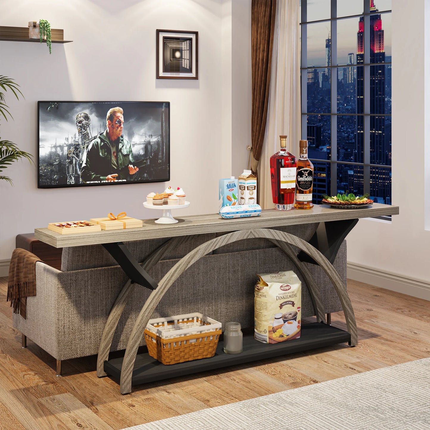 LITTLE TREE 70.87" Console Table with Storage Shelf, Narrow Long Sofa Table Behind Couch Table, 2-Tier Rustic Entryway Table