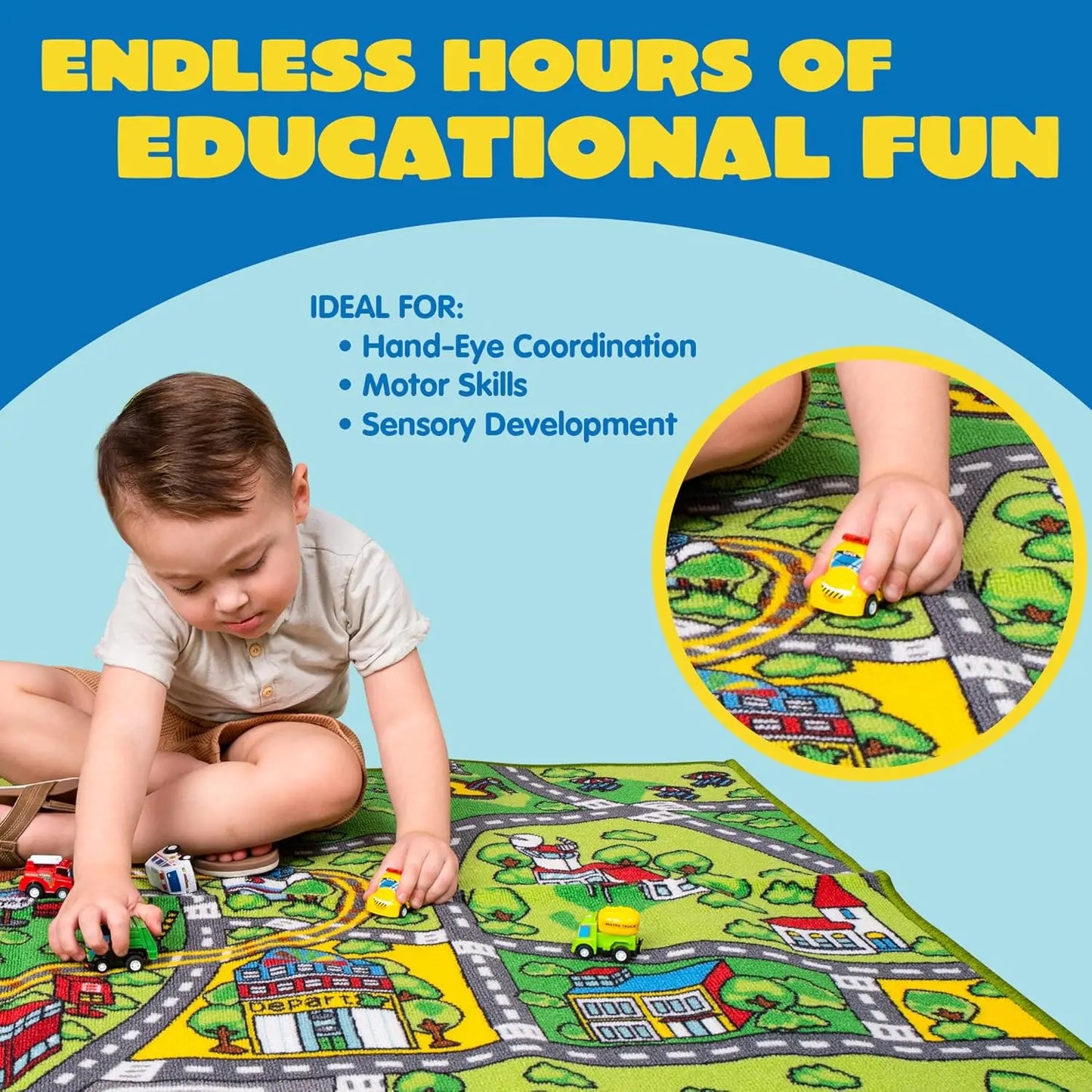JOYFY Carpet Playmat w/ 12 Cars Pull-Back Vehicle Set for Kids Age 3+ Jumbo Play Room Rug City Pretend Play Multiple Color